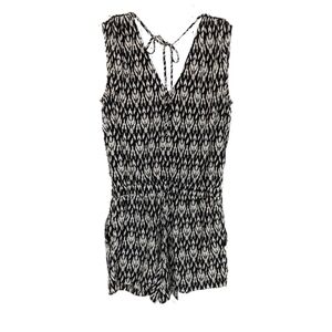 Ikat Print Black/ Cream Geometric V Neck Tank Drawstring Waist Romper- sz S